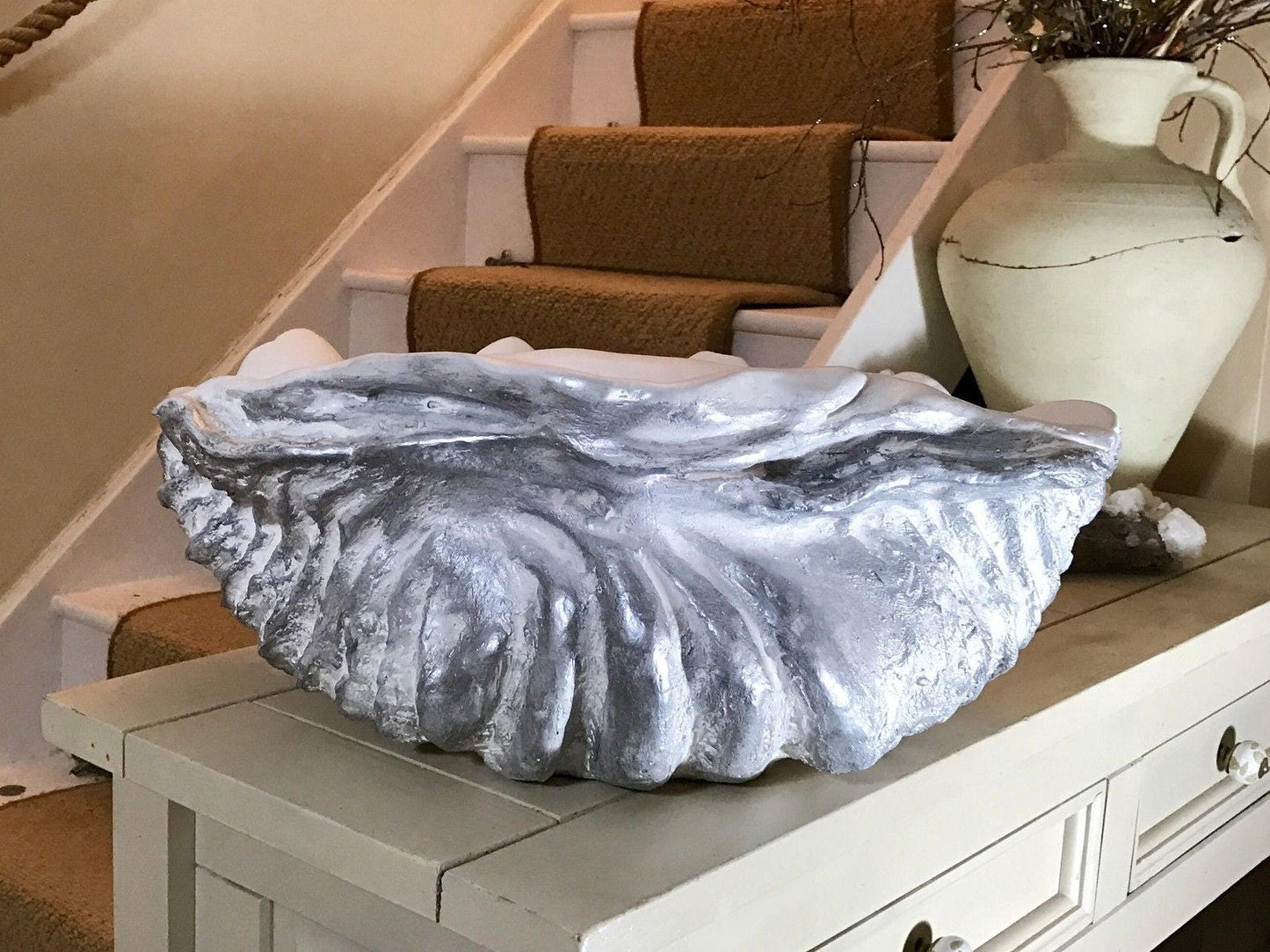 Large Giant Clam Shell in Silver Fleck